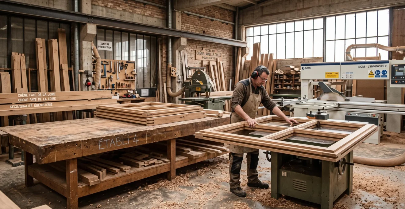 Artisan menuisier façonnant un montant de fenêtre en chêne lamellé-collé sur toupie à bois dans atelier professionnel équipé de machines industrielles