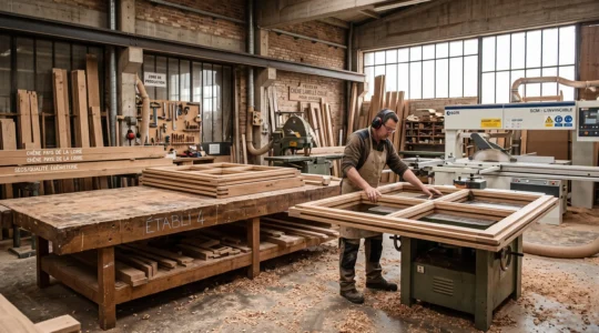 Artisan menuisier façonnant un montant de fenêtre en chêne lamellé-collé sur toupie à bois dans atelier professionnel équipé de machines industrielles
