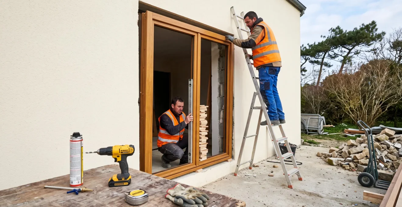 Deux menuisiers installant fenêtre bois sur mesure en chêne dans maison individuelle à Laval, un sur échelle extérieure positionnant le dormant, l'autre vérifiant l'équerrage intérieur