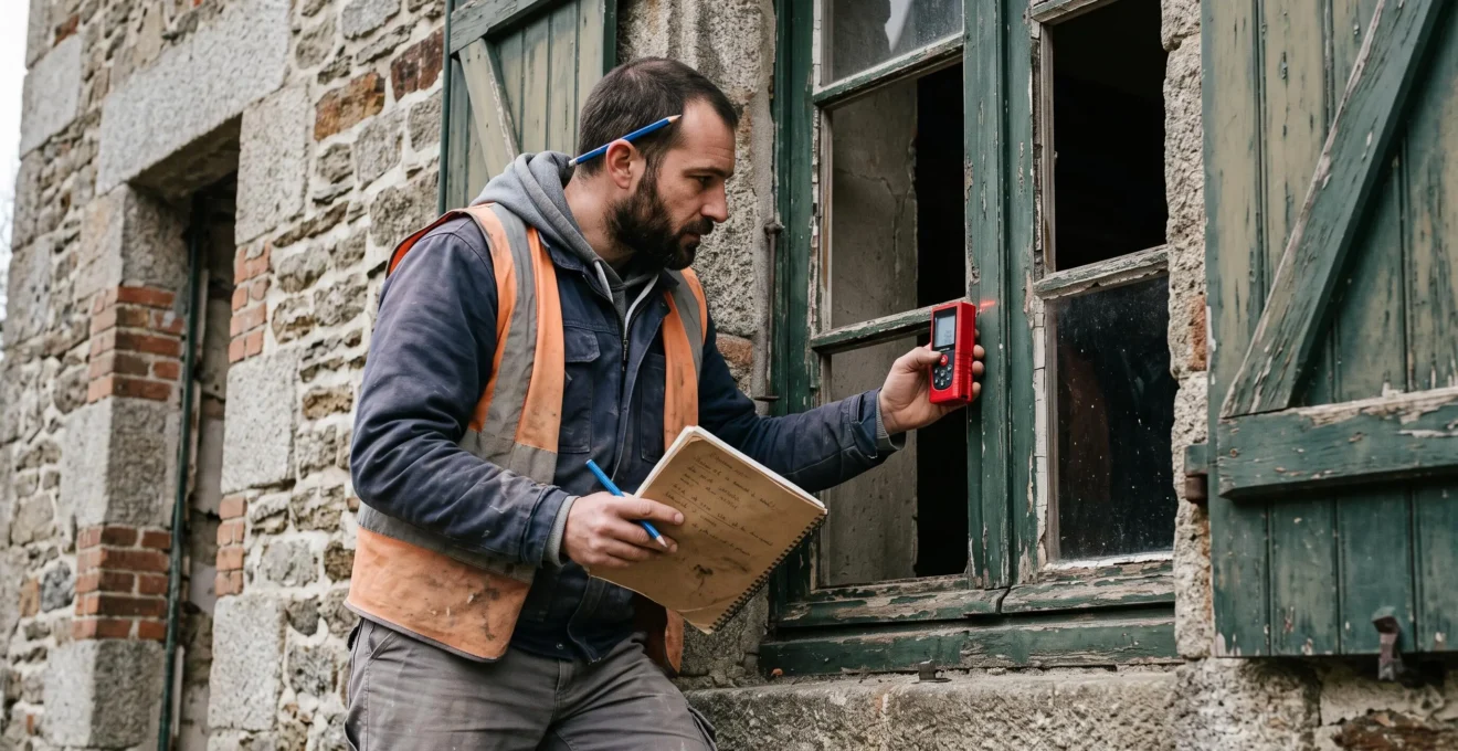 Menuisier utilisant télémètre laser pour mesurer l'ouverture d'une fenêtre ancienne dans maison individuelle en pierre de Mayenne